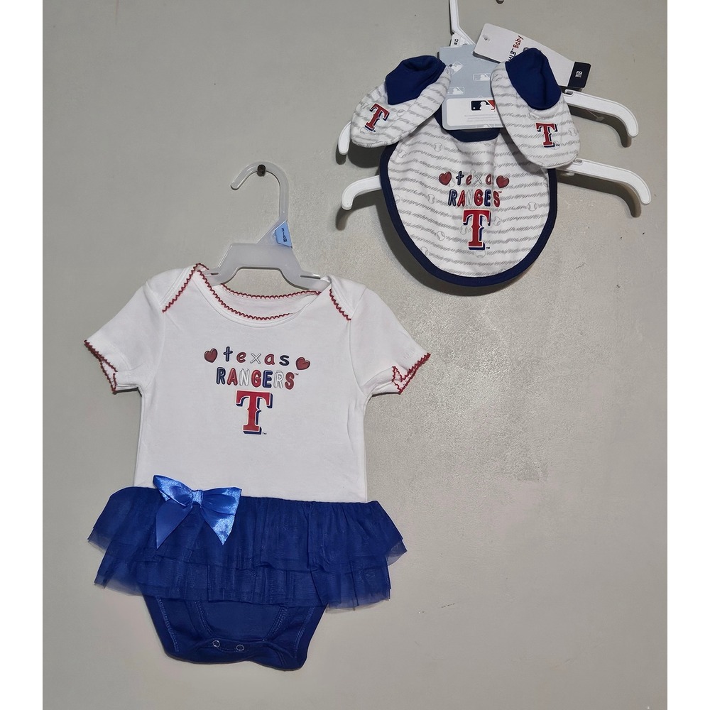 🦋MLB Baby Texas Rangers Girls Bodysuit Tutu Bib Booties Set 3-6M White Blue🩷🩵